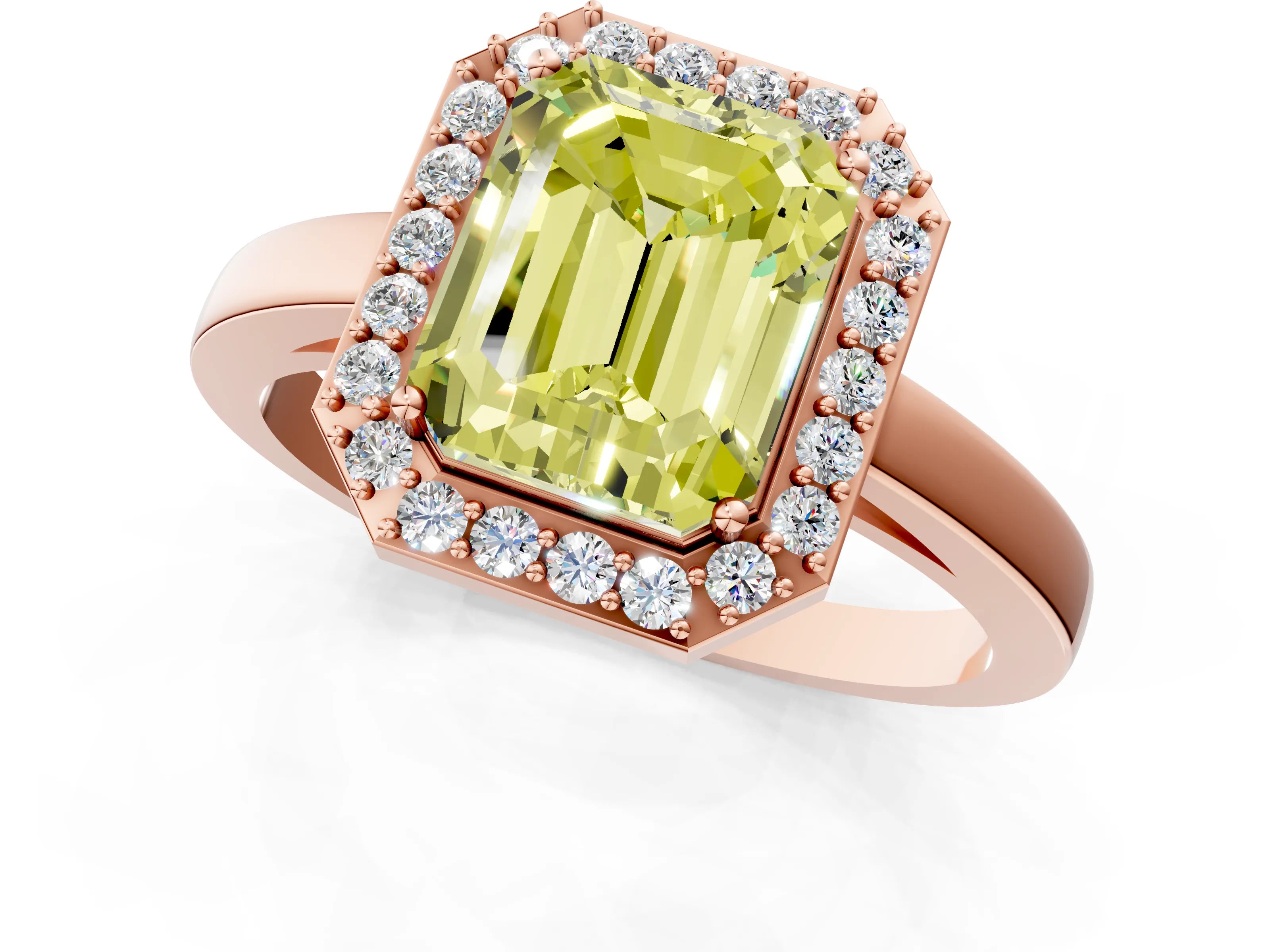 Rose gold Fancy Yellow Radiant Cut Halo Diamond Ring with Solitaire Band and Prong Setting_1