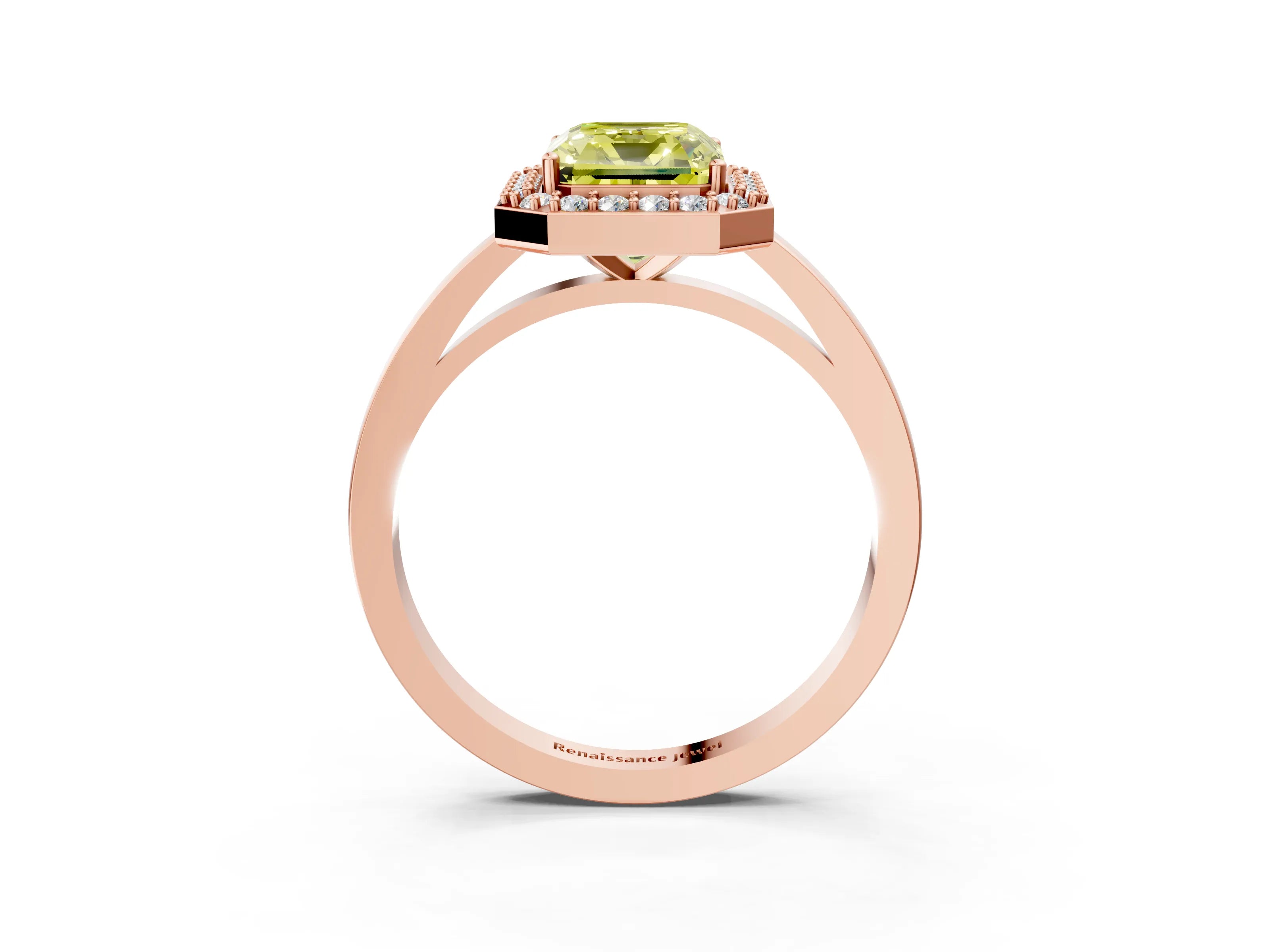 Rose gold Fancy Yellow Radiant Cut Halo Diamond Ring with Solitaire Band and Prong Setting_3