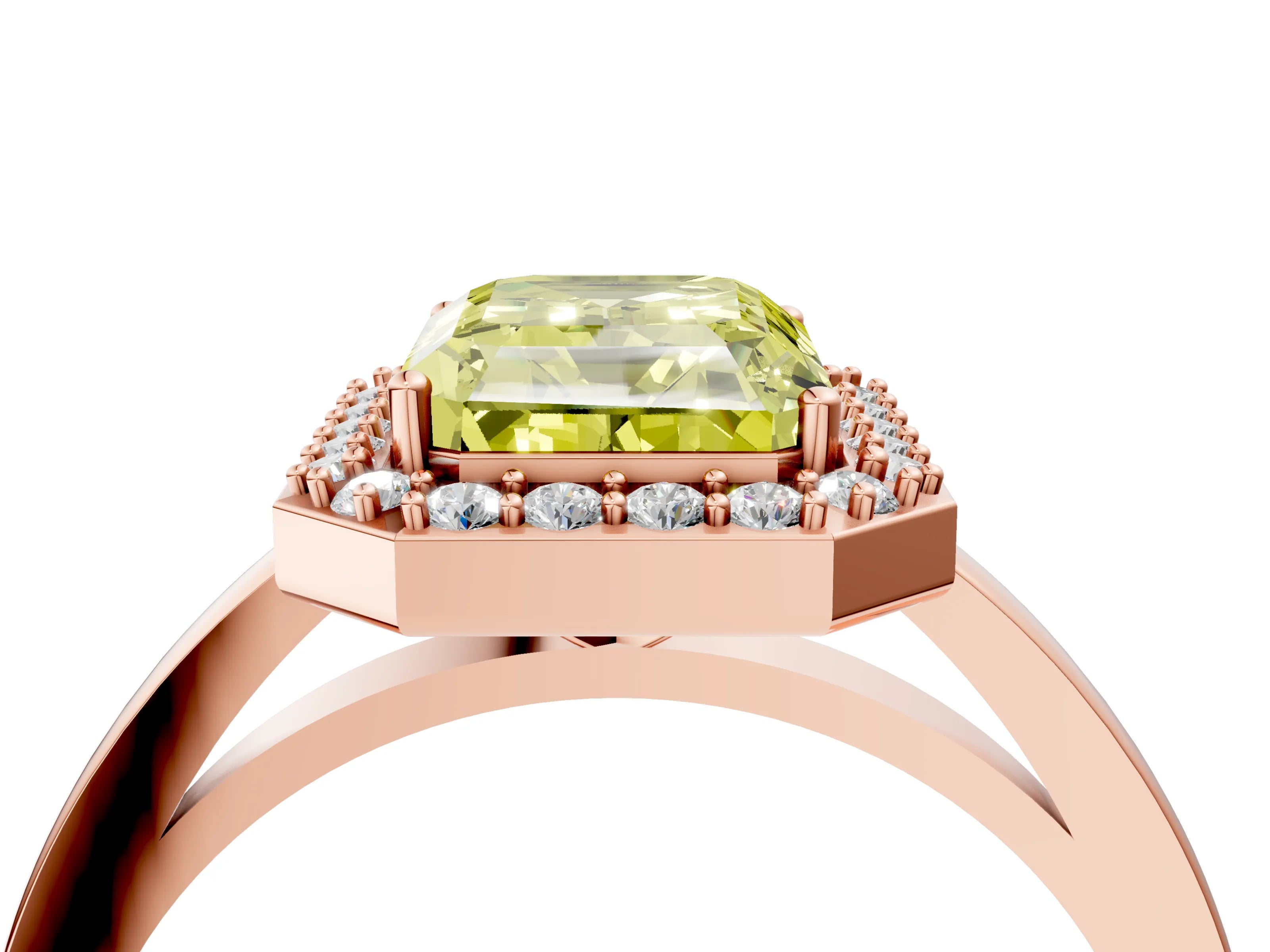 Rose gold Fancy Yellow Radiant Cut Halo Diamond Ring with Solitaire Band and Prong Setting_4