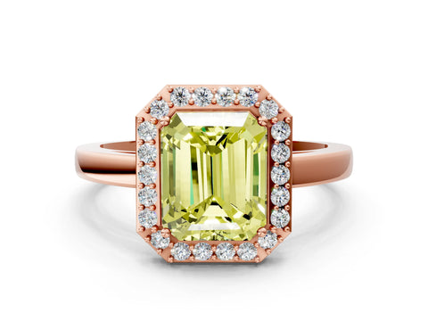 Rose gold Fancy Yellow Radiant Cut Halo Diamond Ring with Solitaire Band and Prong Setting