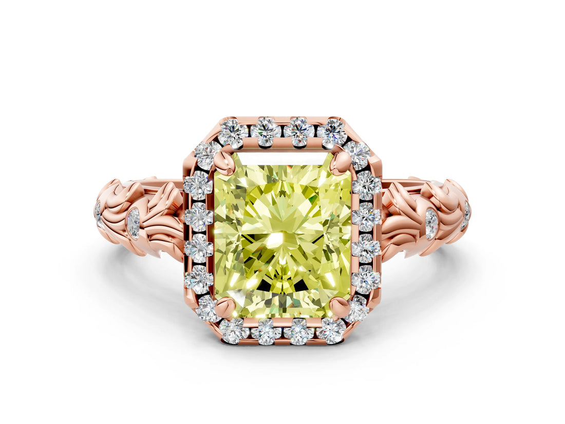 Rose gold Fancy Yellow Radiant Cut Halo Diamond Solitaire with Filigree Band and Four-Prong Setting