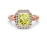 Rose gold Fancy Yellow Radiant Cut Halo Diamond Solitaire with Filigree Band and Four-Prong Setting