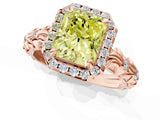 Rose gold Fancy Yellow Radiant Cut Halo Diamond Solitaire with Filigree Band and Four-Prong Setting_1