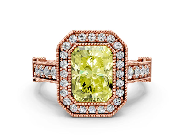 Rose Gold Radiant Cut Vintage Bezel Halo Engagement Ring Setting for Fancy Yellow Center