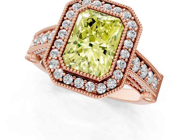 Rose Gold Radiant Cut Vintage Bezel Halo Engagement Ring Setting for Fancy Yellow Center