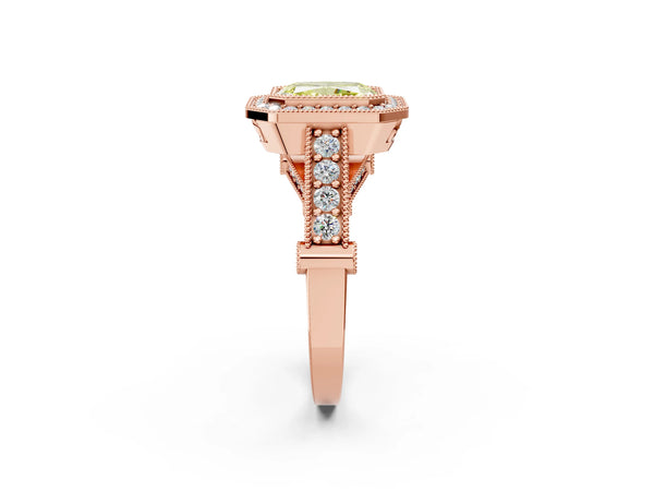 Rose Gold Radiant Cut Vintage Bezel Halo Engagement Ring Setting for Fancy Yellow Center