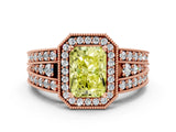 Rose gold Fancy Yellow Radiant Cut Halo Diamond Split Shank Ring with Prong Setting