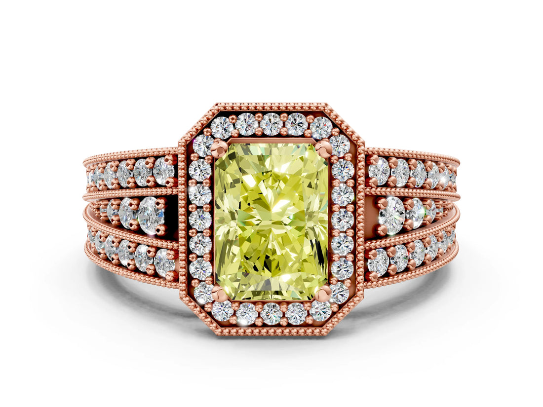 Rose gold Fancy Yellow Radiant Cut Halo Diamond Split Shank Ring with Prong Setting_6