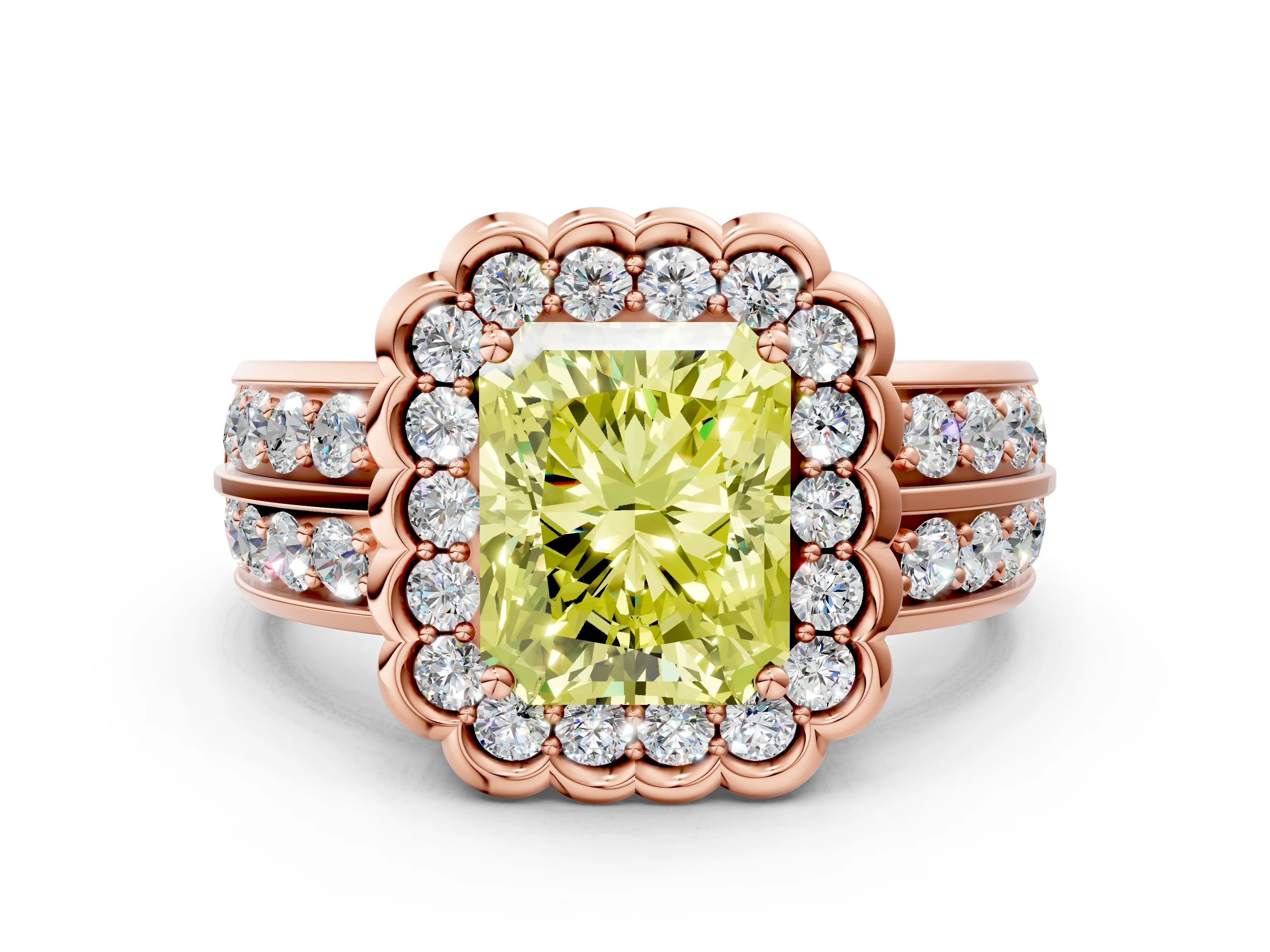 Rose gold Fancy Yellow Radiant Cut Halo Diamond Split Shank Ring with Scalloped Prong Setting