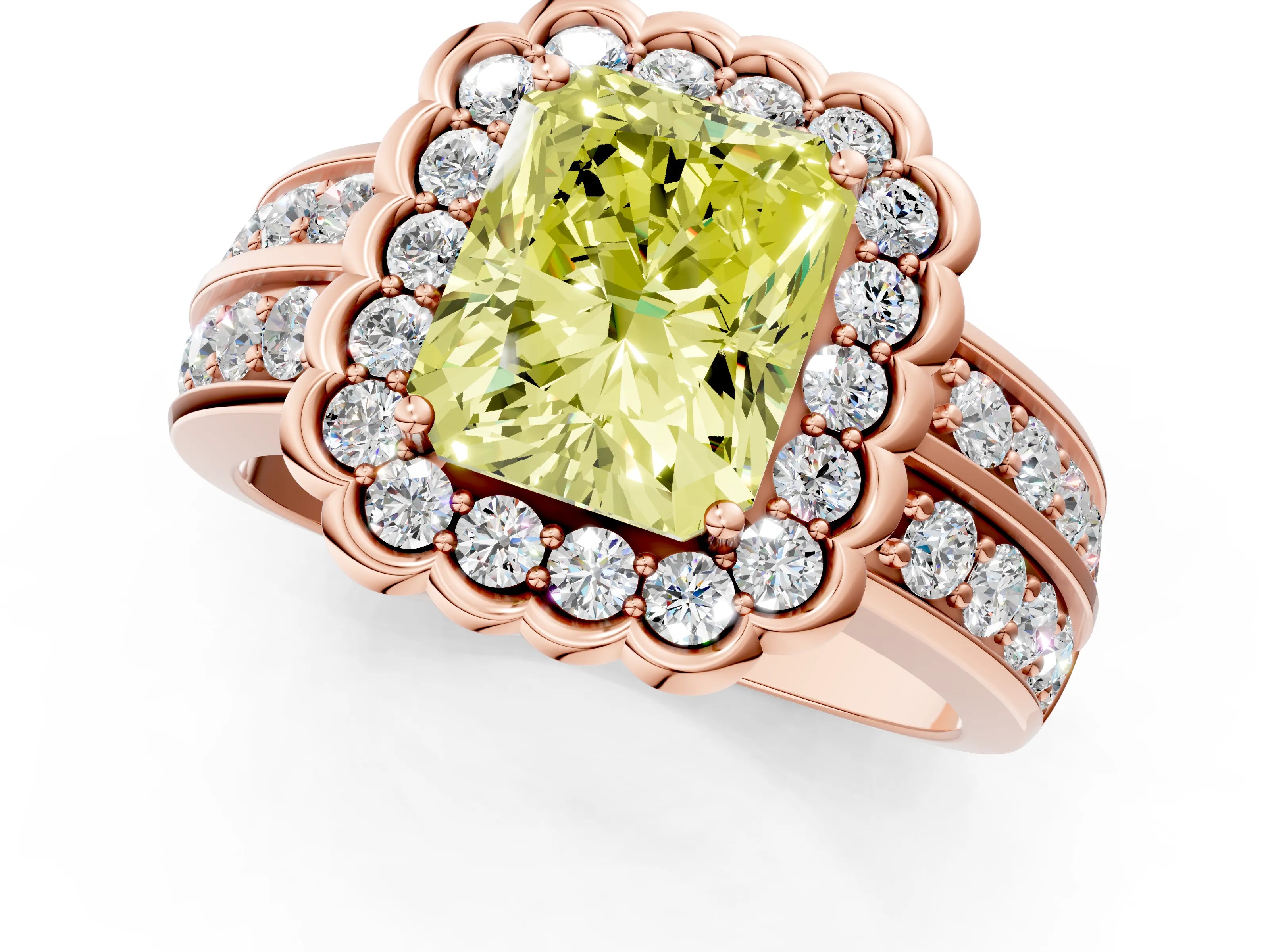 Rose gold Fancy Yellow Radiant Cut Halo Diamond Split Shank Ring with Scalloped Prong Setting_1