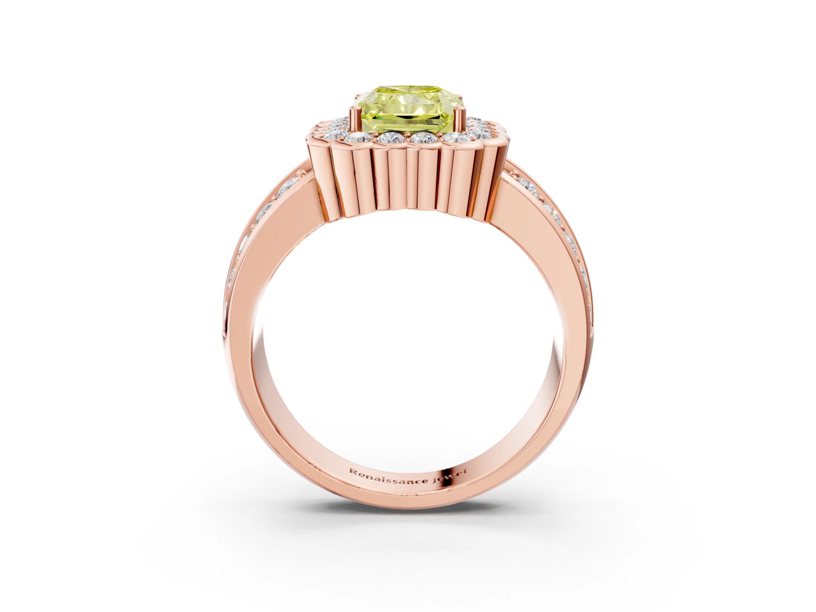 Rose gold Fancy Yellow Radiant Cut Halo Diamond Split Shank Ring with Scalloped Prong Setting_3