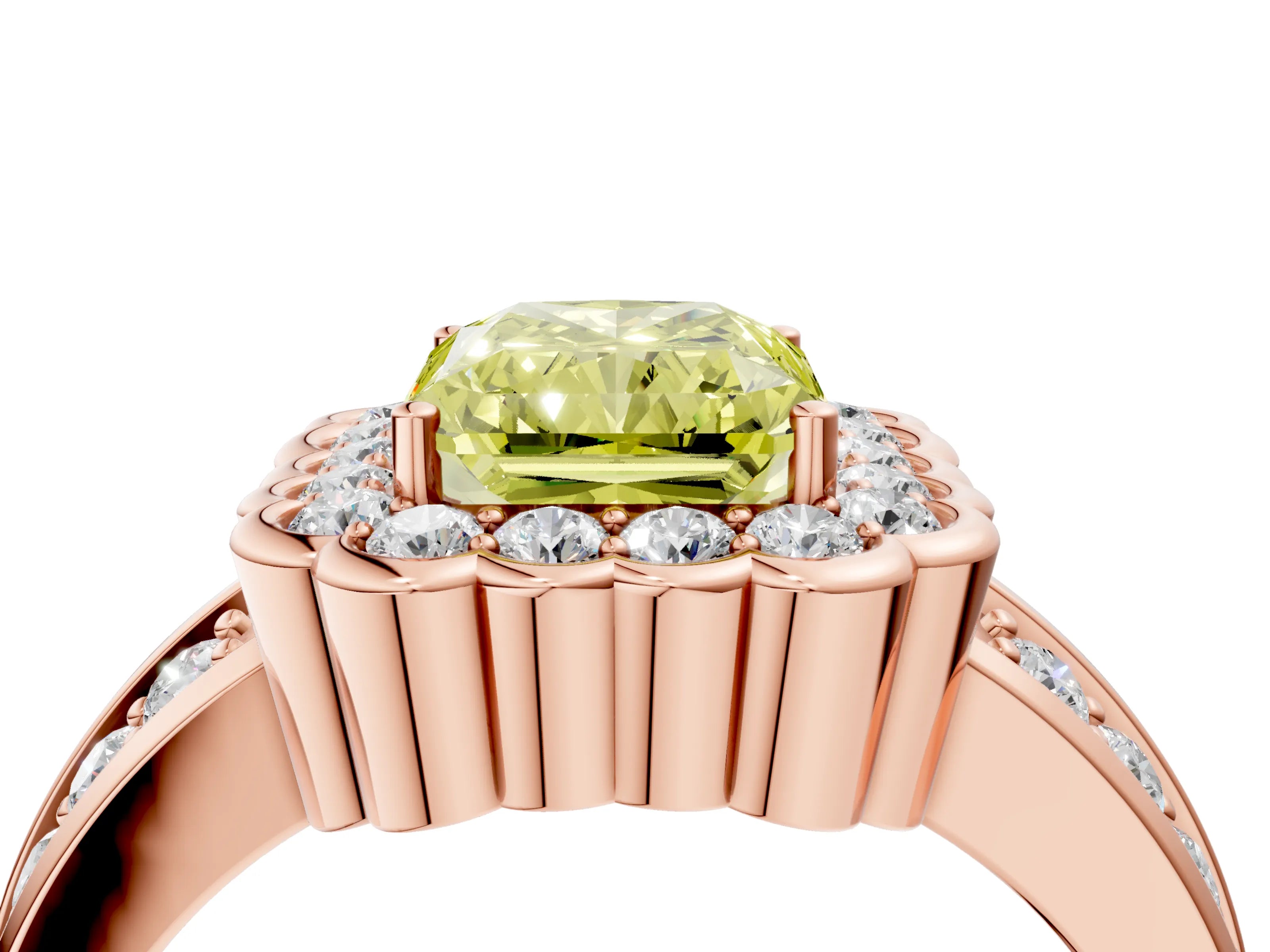 Rose gold Fancy Yellow Radiant Cut Halo Diamond Split Shank Ring with Scalloped Prong Setting_4
