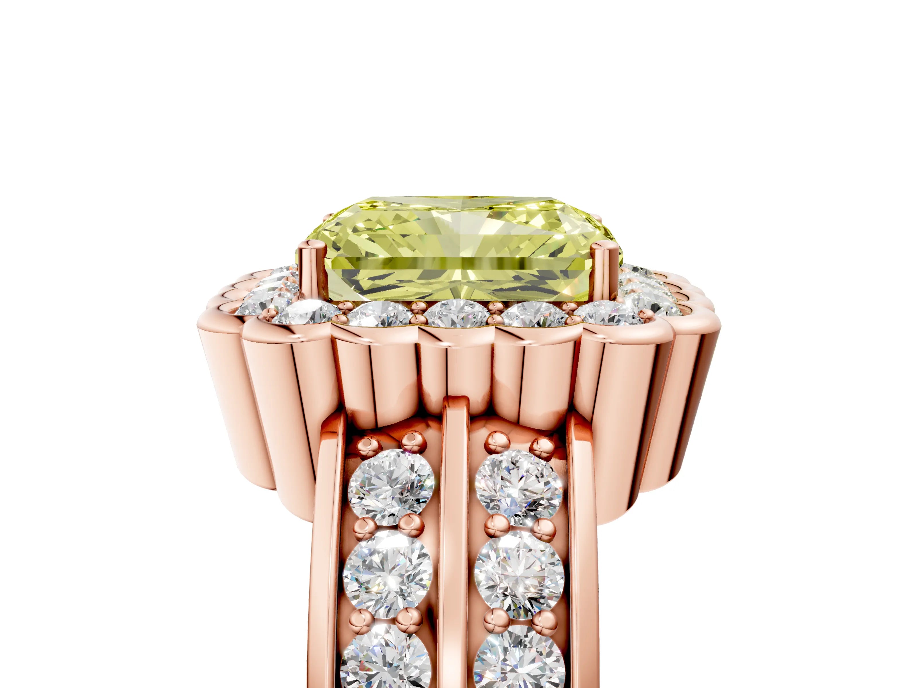 Rose gold Fancy Yellow Radiant Cut Halo Diamond Split Shank Ring with Scalloped Prong Setting_5