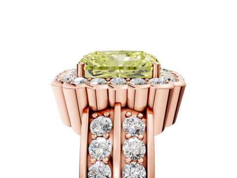Rose gold Fancy Yellow Radiant Cut Halo Diamond Split Shank Ring with Scalloped Prong Setting_5