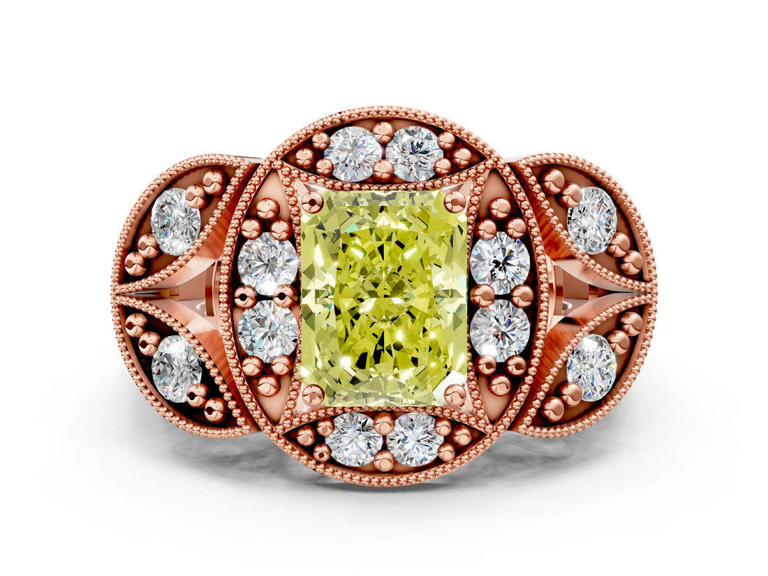 Rose gold Fancy Yellow Radiant Cut Halo Milgrain Diamond Engagement Ring with Leaf Band and Four-Prong Setting