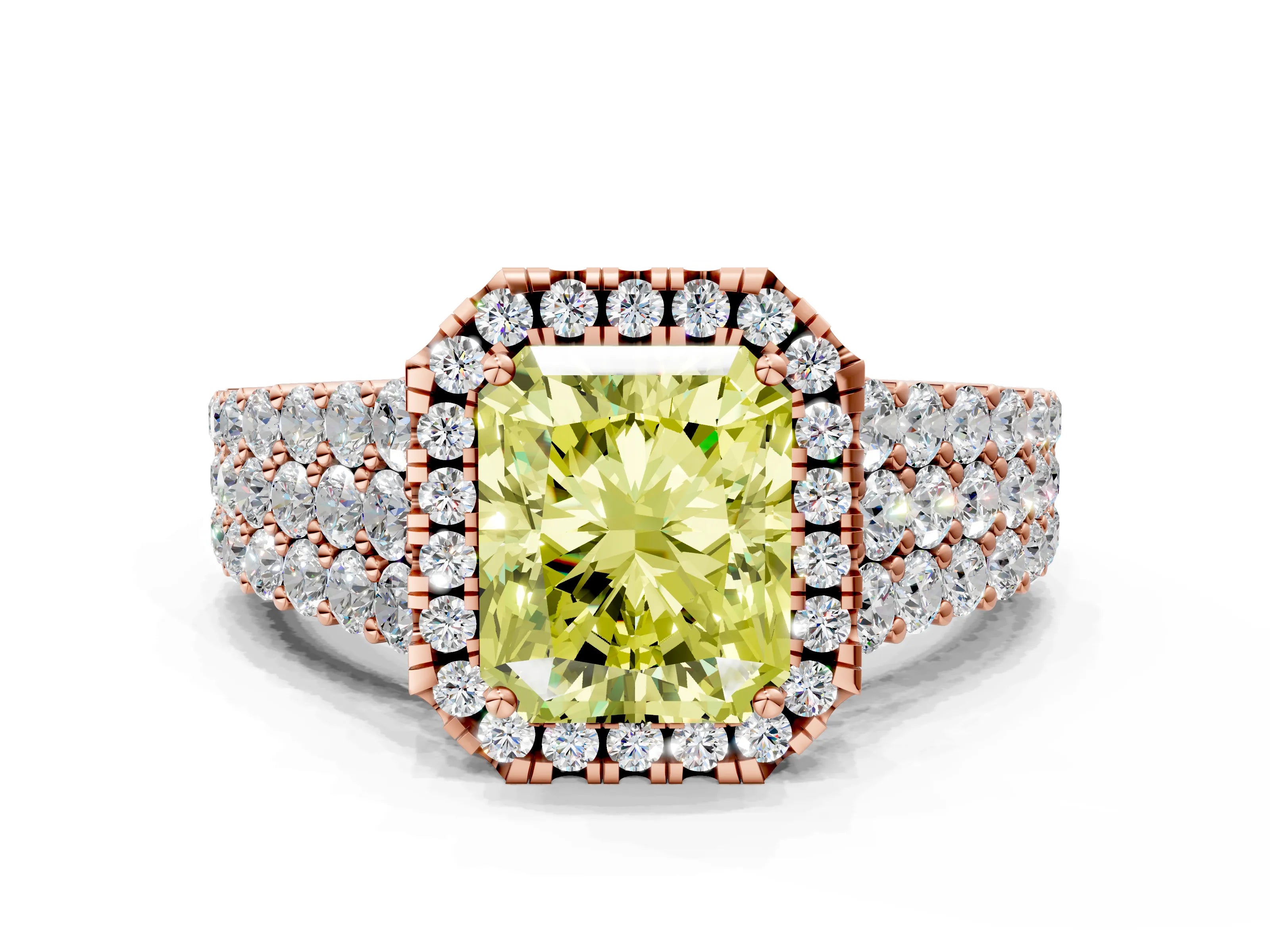 Rose gold Fancy Yellow Radiant Cut Halo Pavé Diamond Engagement Ring with Split Shank and Four-Prong Setting_3