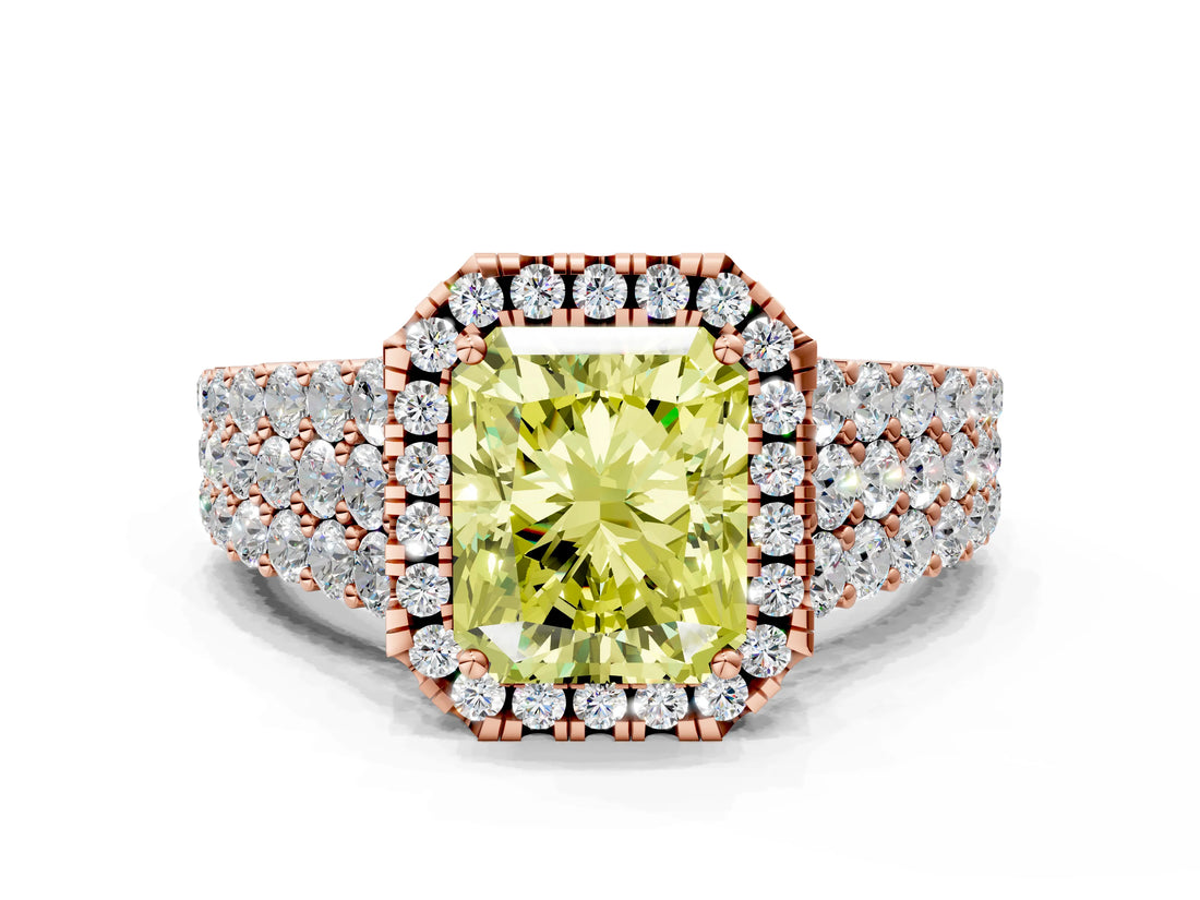 Rose gold Fancy Yellow Radiant Cut Halo Pavé Diamond Engagement Ring with Split Shank and Four-Prong Setting_3