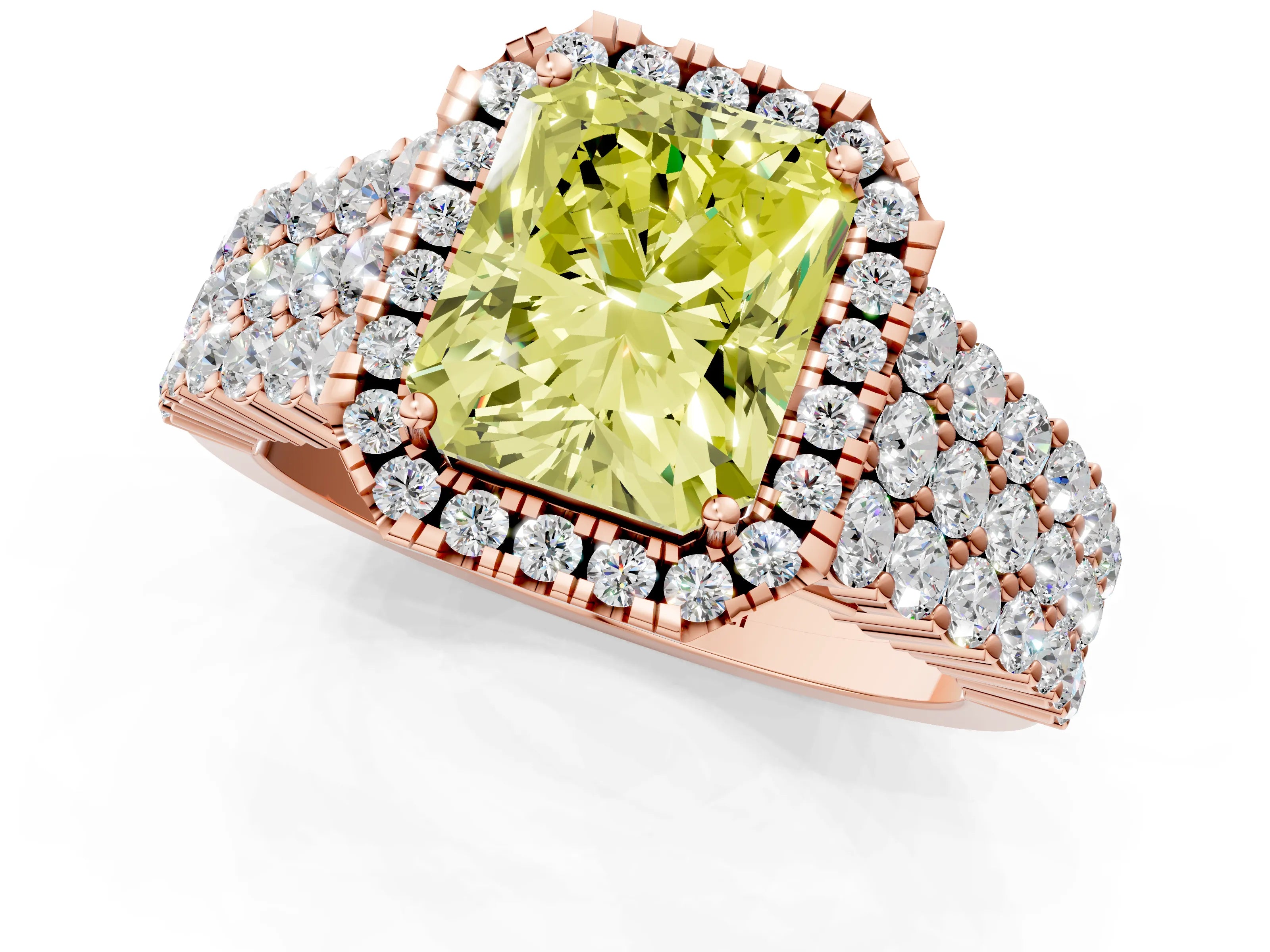 Rose gold Fancy Yellow Radiant Cut Halo Pavé Diamond Engagement Ring with Split Shank and Four-Prong Setting_4