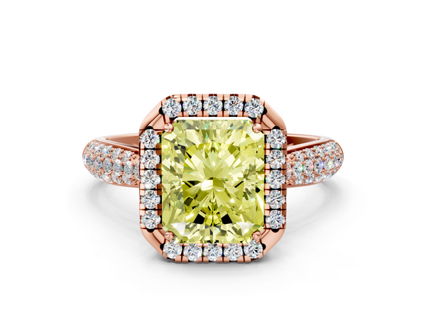 Rose gold Fancy Yellow Radiant  Cut Halo Pave Band Four-Prong Setting Ring