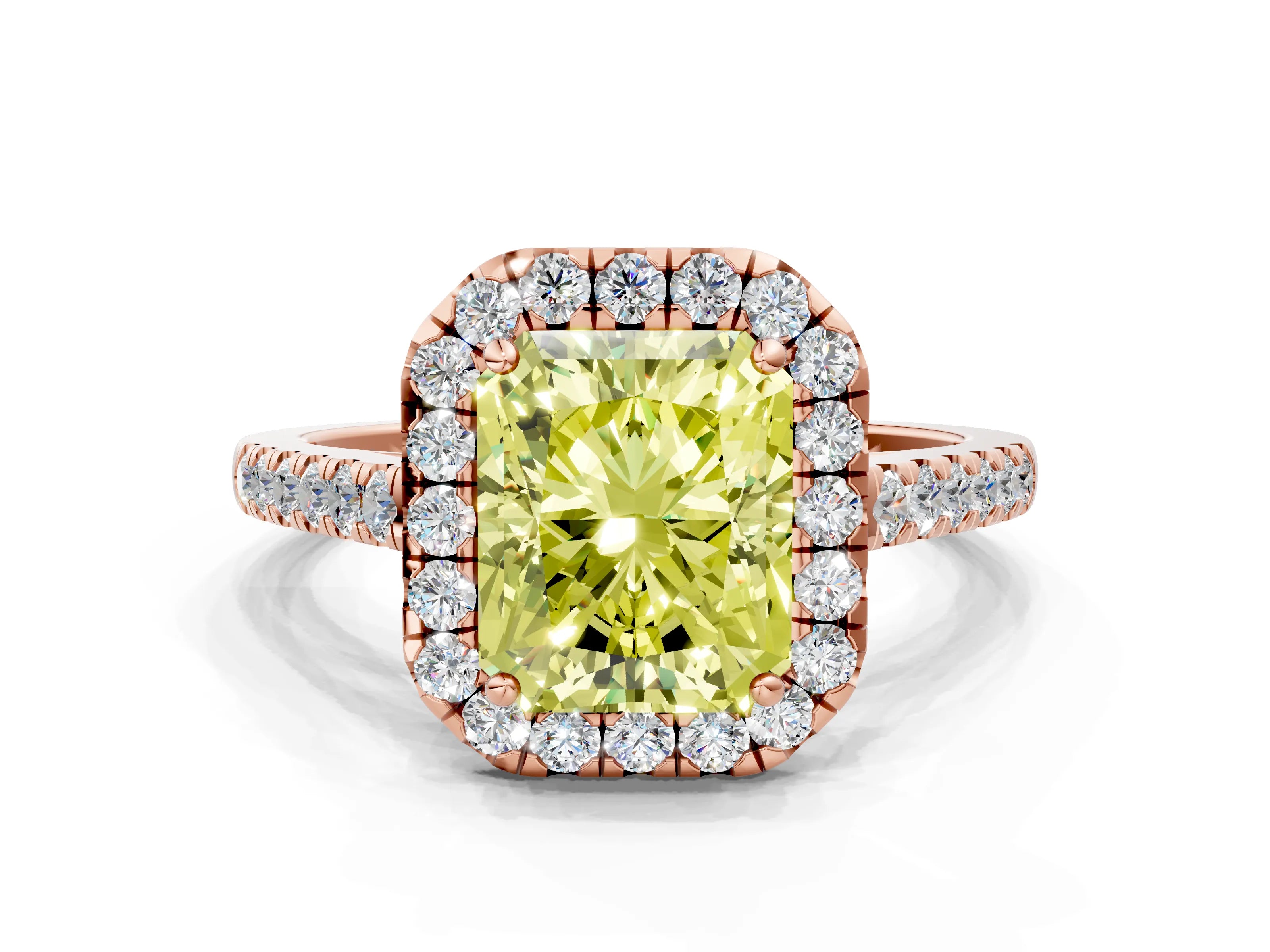 Rose gold Fancy Yellow Radiant Cut Halo Pave Diamond Engagement Ring with Four-Prong Setting