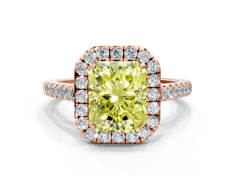 Rose gold Fancy Yellow Radiant Cut Halo Pave Diamond Engagement Ring with Four-Prong Setting