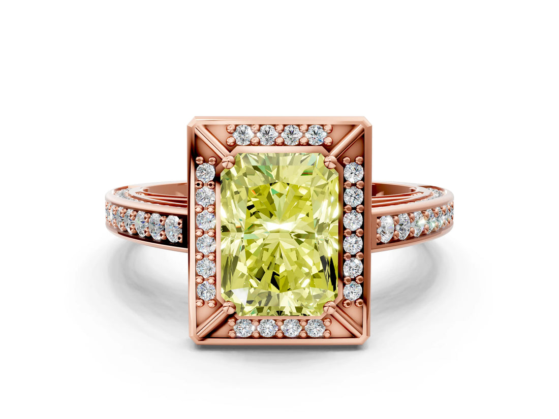 Rose gold Fancy Yellow Radiant  Cut Halo Pave Split Shank Prong Setting Ring_32