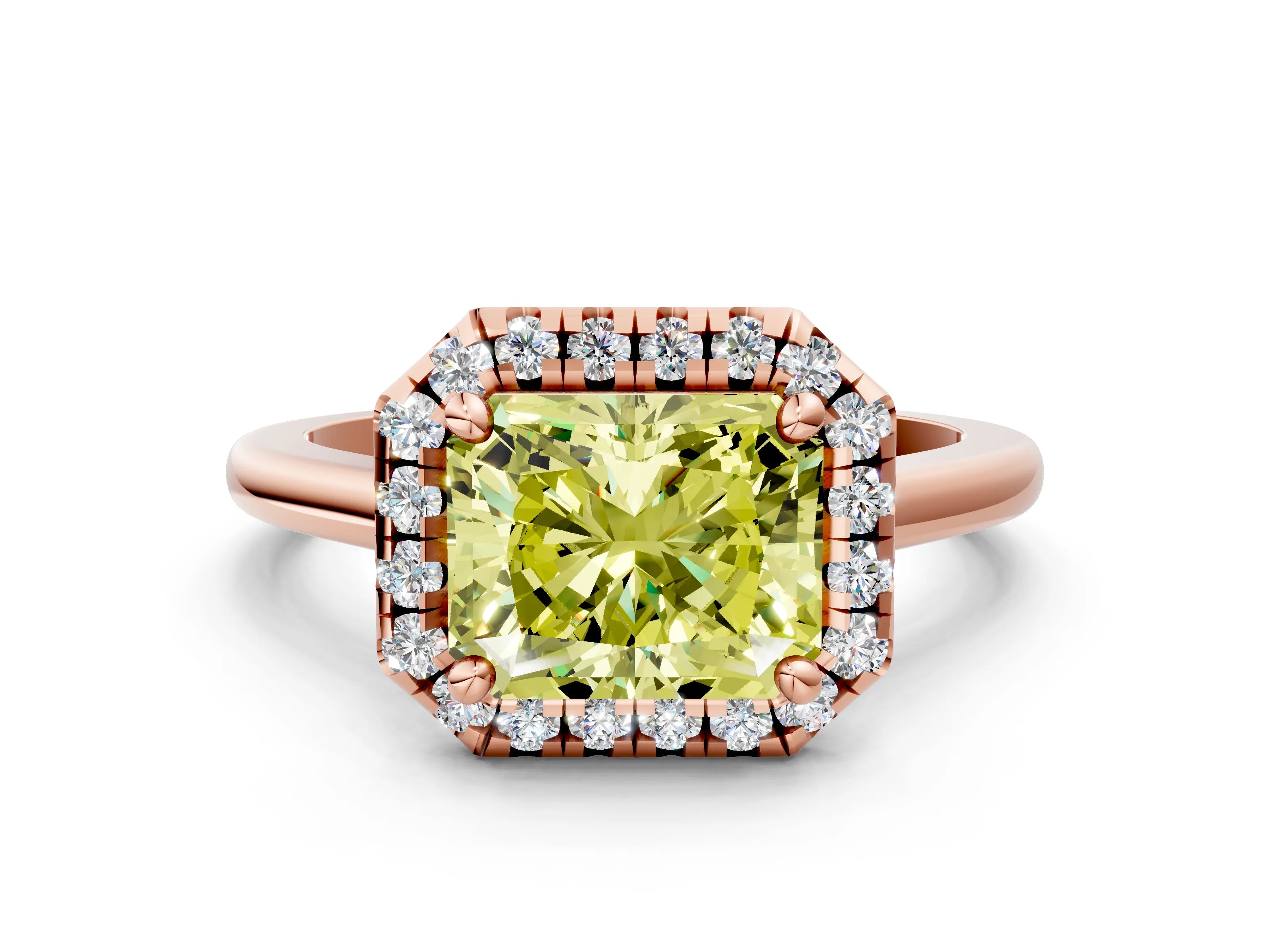 Rose gold Fancy Yellow Radiant Cut Halo Round Diamond Solitaire Engagement Ring with Pave Band and Four-Prong Setting_12