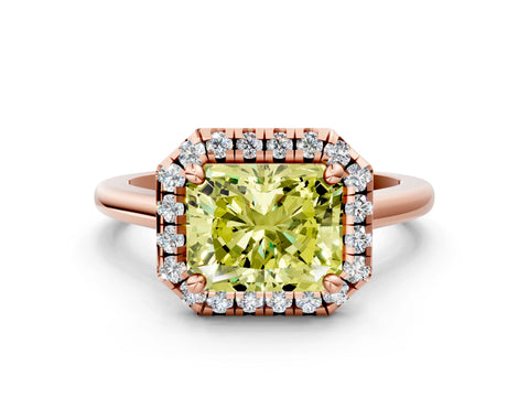 Rose gold Fancy Yellow Radiant Cut Halo Round Diamond Solitaire Engagement Ring with Pave Band and Four-Prong Setting_12