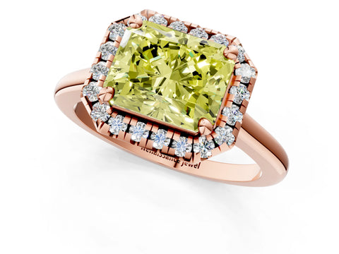 Rose gold Fancy Yellow Radiant Cut Halo Round Diamond Solitaire Engagement Ring with Pave Band and Four-Prong Setting_13