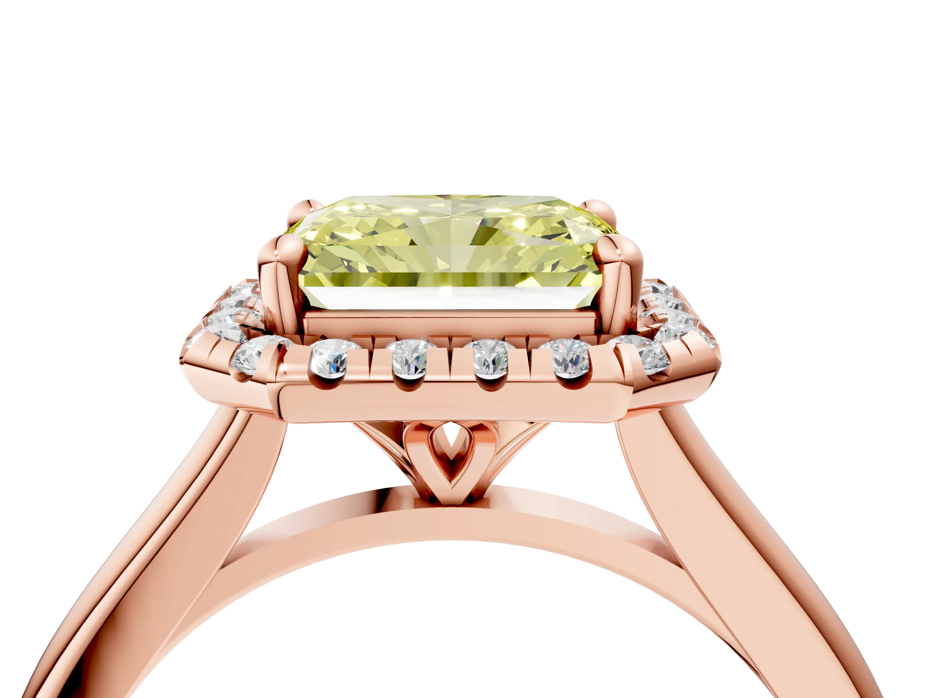 Rose gold Fancy Yellow Radiant Cut Halo Round Diamond Solitaire Engagement Ring with Pave Band and Four-Prong Setting_16