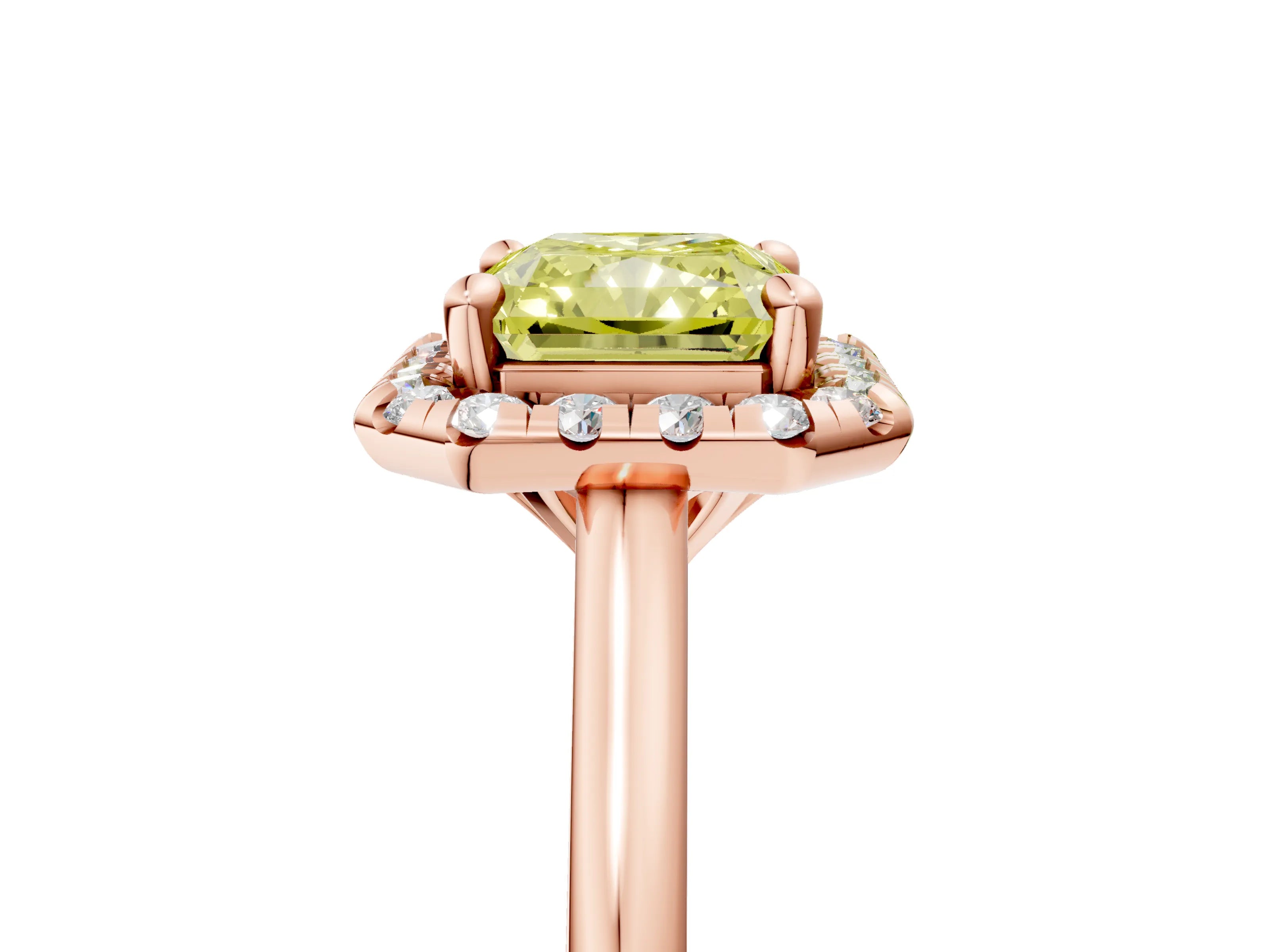 Rose gold Fancy Yellow Radiant Cut Halo Round Diamond Solitaire Engagement Ring with Pave Band and Four-Prong Setting_17