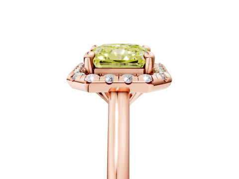 Rose gold Fancy Yellow Radiant Cut Halo Round Diamond Solitaire Engagement Ring with Pave Band and Four-Prong Setting_17