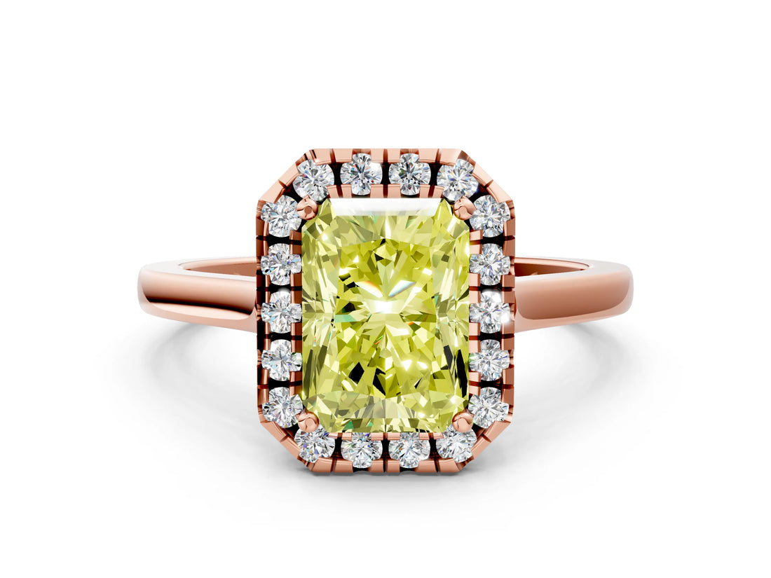 Rose gold Fancy Yellow Radiant Cut Halo Round Diamond Solitaire Ring with Pavé Band and Four-Prong Setting