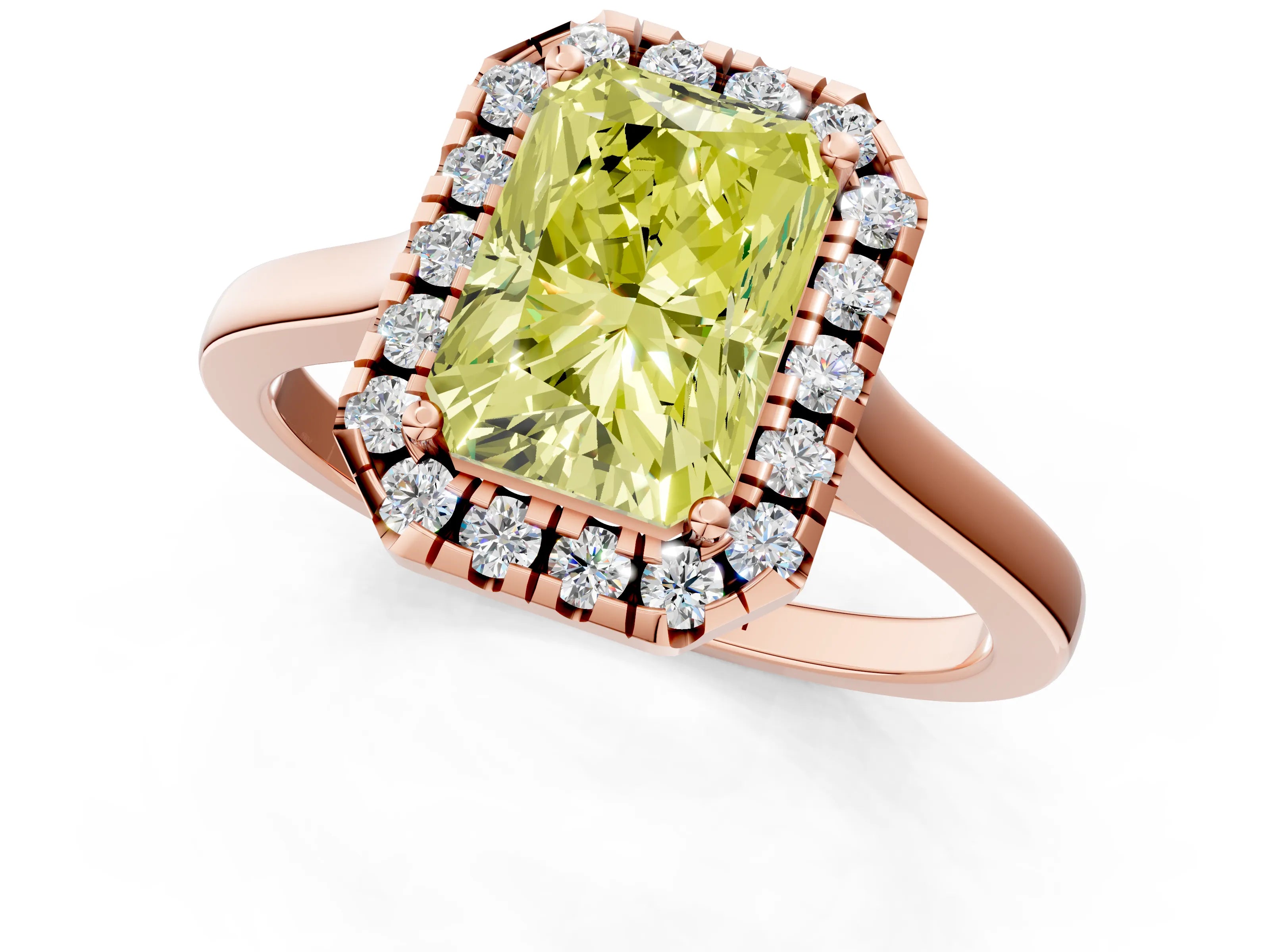Rose gold Fancy Yellow Radiant Cut Halo Round Diamond Solitaire Ring with Pavé Band and Four-Prong Setting_1