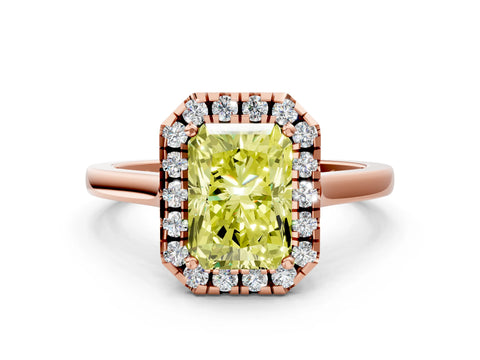 Rose gold Fancy Yellow Radiant Cut Halo Round Diamond Solitaire Ring with Pavé Band and Four-Prong Setting