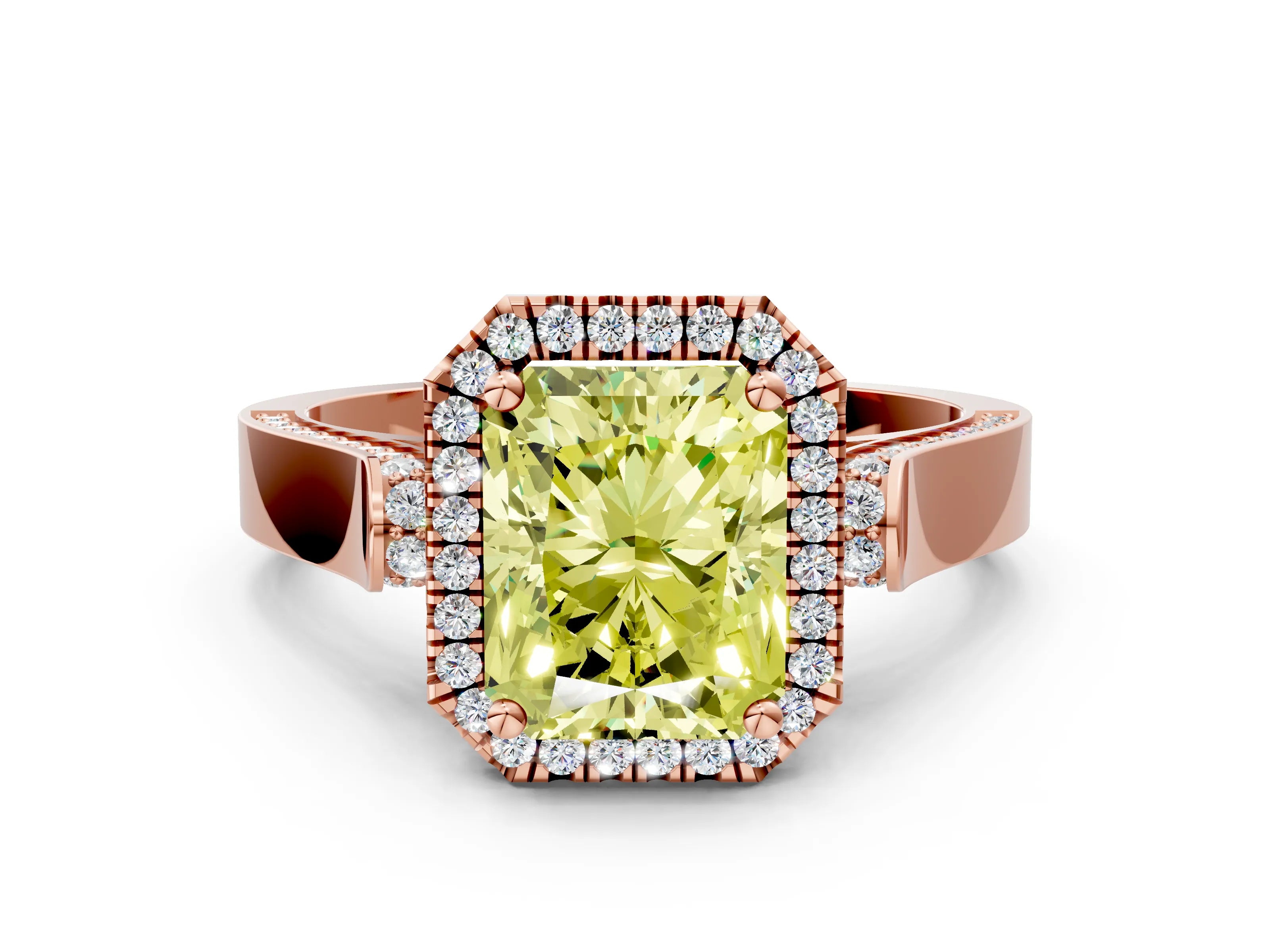 Rose gold Fancy Yellow Radiant Cut Halo Round Diamond Twist Band with Four-Prong Setting