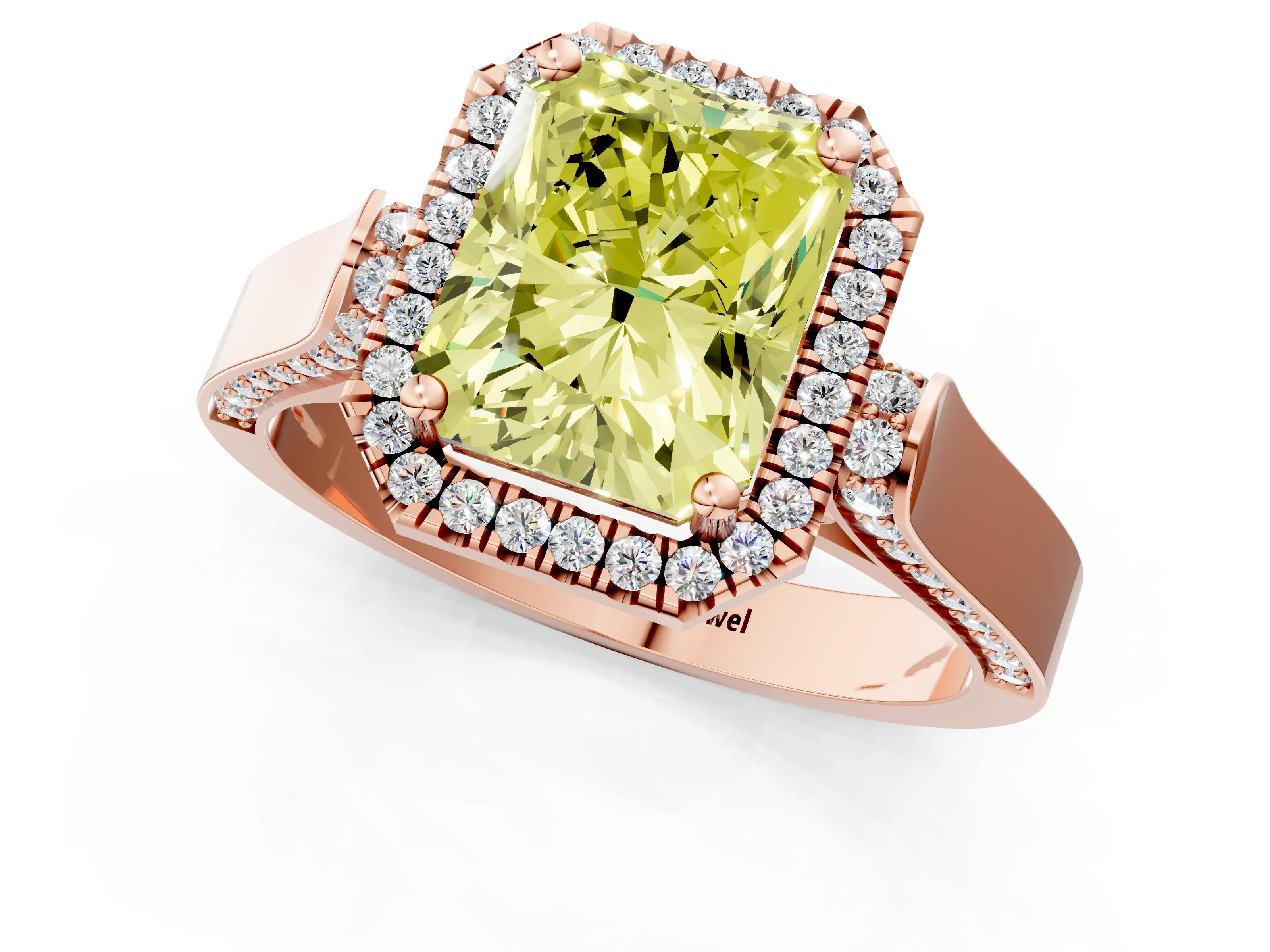 Rose gold Fancy Yellow Radiant Cut Halo Round Diamond Twist Band with Four-Prong Setting_1