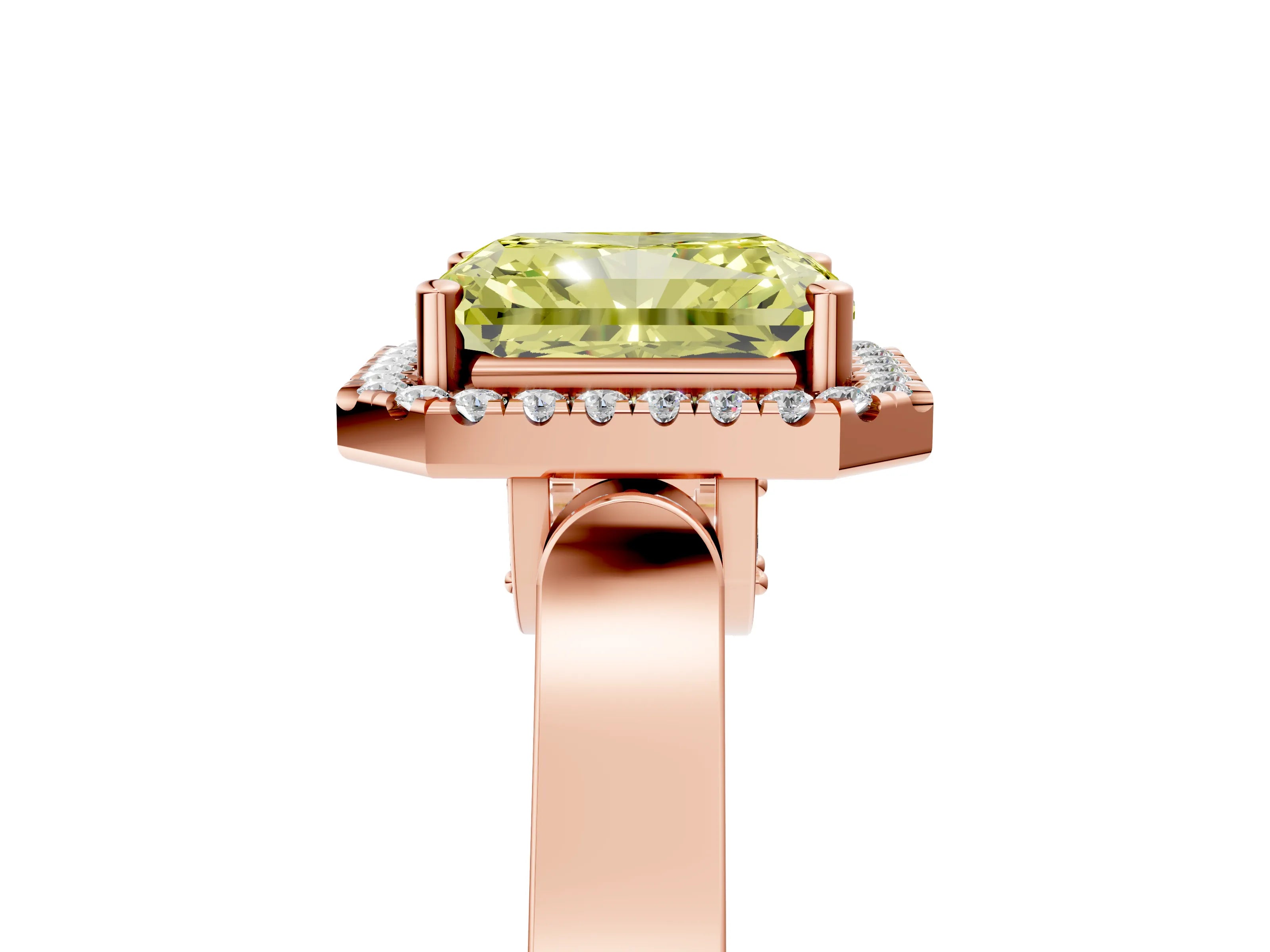 Rose gold Fancy Yellow Radiant Cut Halo Round Diamond Twist Band with Four-Prong Setting_5
