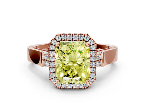 Rose gold Fancy Yellow Radiant Cut Halo Round Diamond Twist Band with Four-Prong Setting