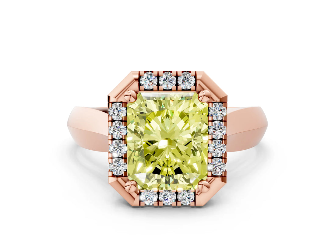 Rose gold Fancy Yellow Radiant  Cut Halo Solitaire Engagement Ring with Square Band and Four-Prong Setting_12