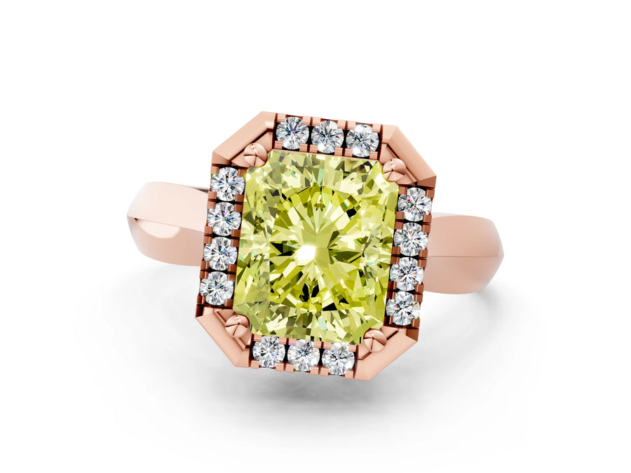Rose gold Fancy Yellow Radiant  Cut Halo Solitaire Engagement Ring with Square Band and Four-Prong Setting