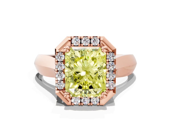 Rose gold Fancy Yellow Radiant  Cut Halo Solitaire Engagement Ring with Square Band and Four-Prong Setting