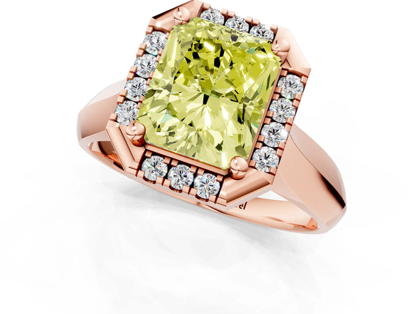 Rose gold Fancy Yellow Radiant  Cut Halo Solitaire Engagement Ring with Square Band and Four-Prong Setting