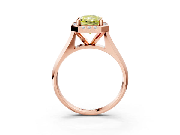 Rose gold Fancy Yellow Radiant  Cut Halo Solitaire Engagement Ring with Square Band and Four-Prong Setting