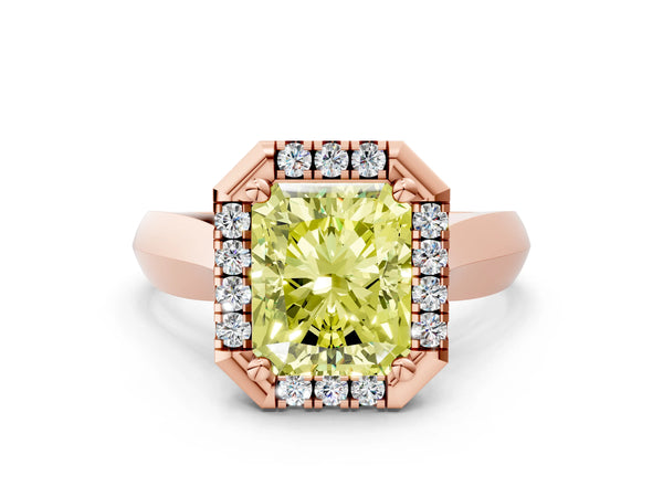 Rose gold Fancy Yellow Radiant  Cut Halo Solitaire Engagement Ring with Square Band and Four-Prong Setting