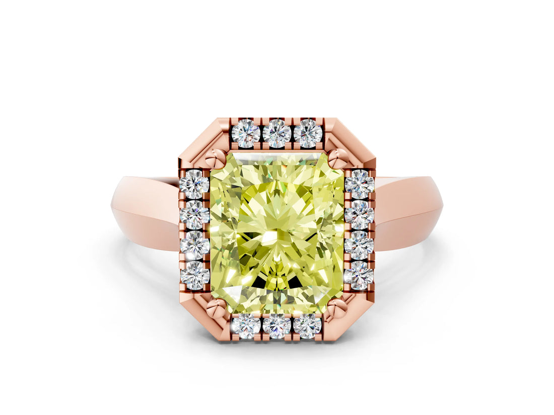 Rose gold Fancy Yellow Radiant  Cut Halo Solitaire Engagement Ring with Square Band and Four-Prong Setting_78