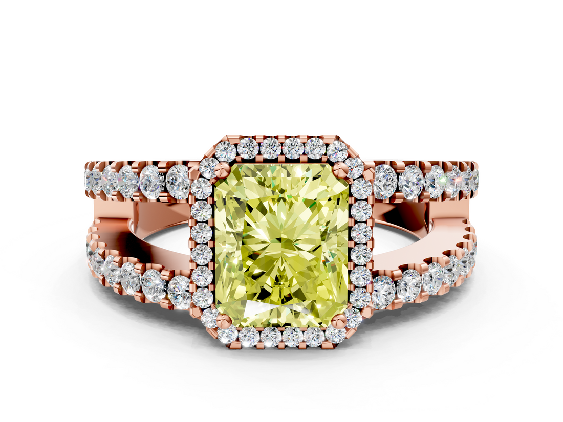 Rose gold Fancy Yellow Radiant  Cut Halo Split Shank Diamond Ring with Four-Prong Setting_45