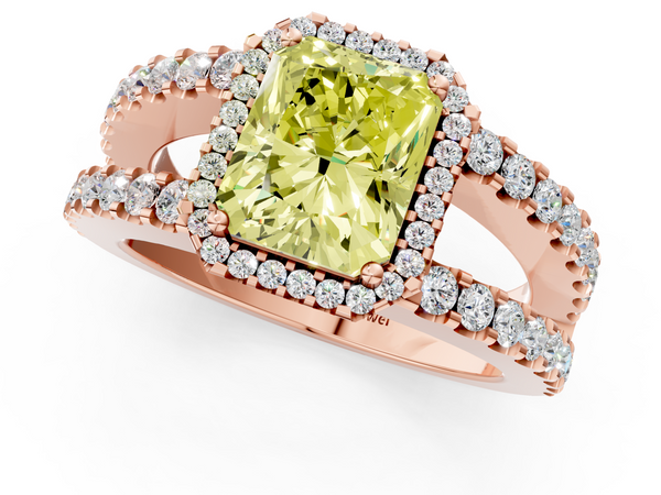 Rose gold Fancy Yellow Radiant  Cut Halo Split Shank Diamond Ring with Four-Prong Setting