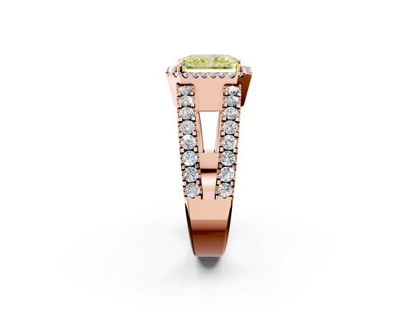Rose gold Fancy Yellow Radiant  Cut Halo Split Shank Diamond Ring with Four-Prong Setting