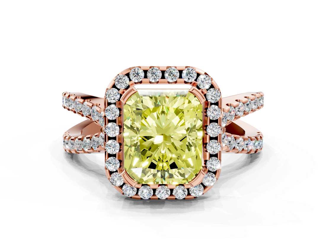 Rose gold Fancy Yellow Radiant  Cut Halo Split Shank Pave Set Ring_62
